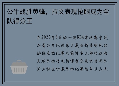 公牛战胜黄蜂，拉文表现抢眼成为全队得分王