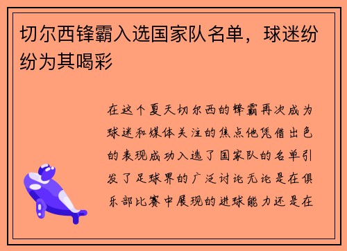 切尔西锋霸入选国家队名单，球迷纷纷为其喝彩