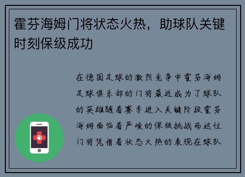 霍芬海姆门将状态火热，助球队关键时刻保级成功